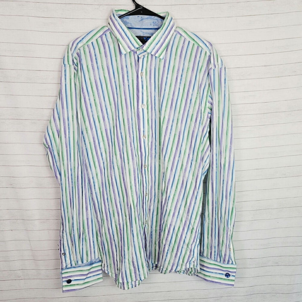 TED BAKER LONDON TEXTURED GREEN/PURPLE STRIPED BUTTON DOWN W CUFF LINKS, SZ 17